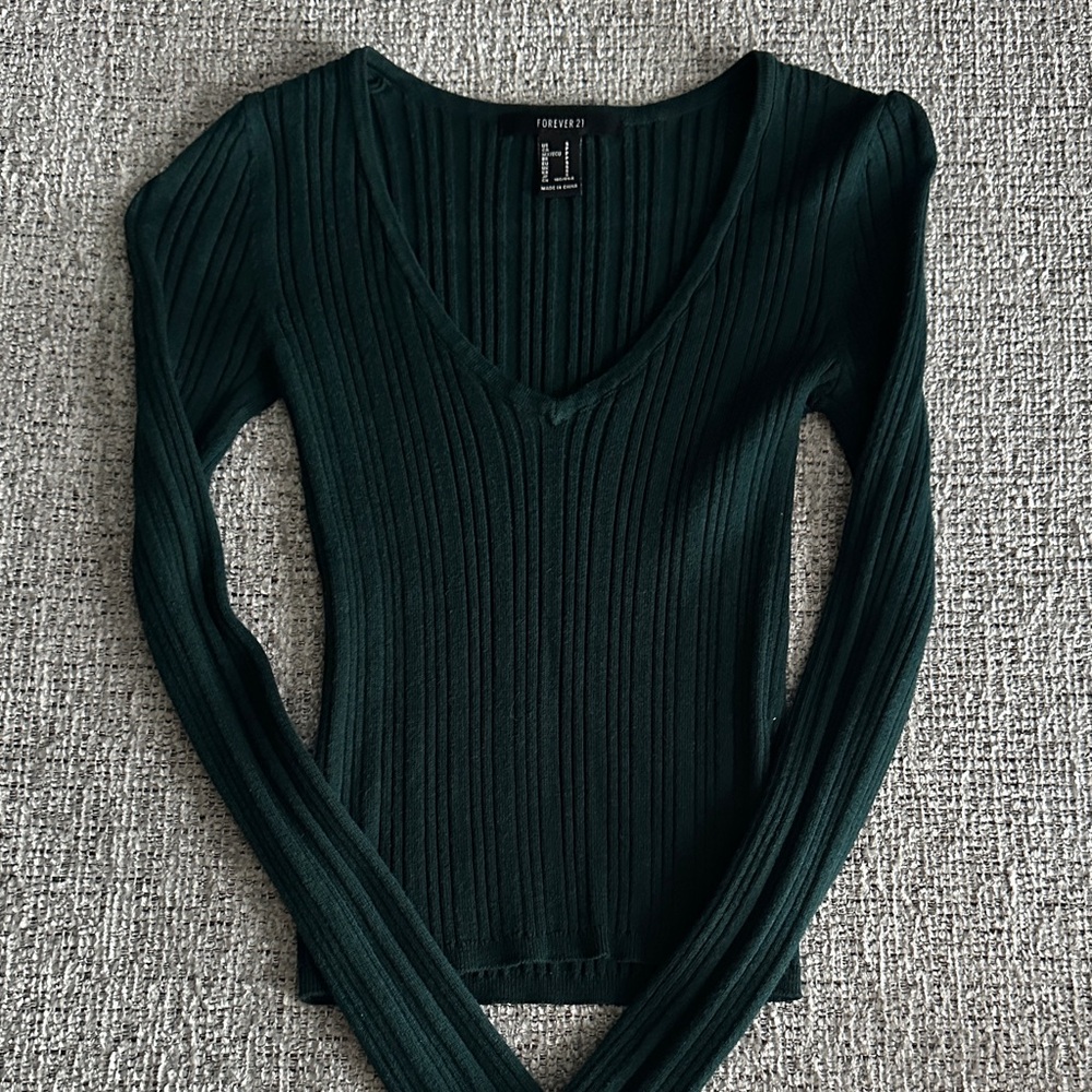 Forever 21 Deep Green Ribbed V-Neck Top